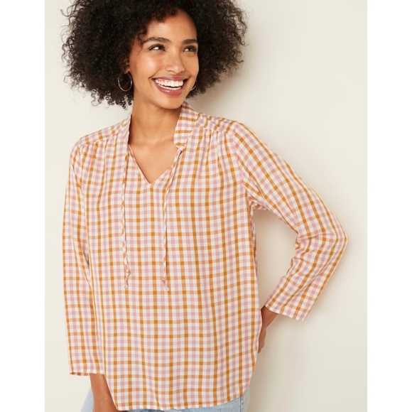 Old Navy Tops - Old Navy plaid mandarin collar tie neck top